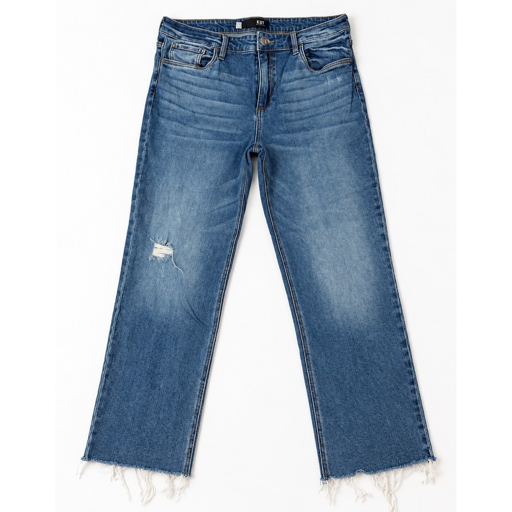 Kut from the Kloth Rachael Mom Jeans Blue Distressed Raw Hem Size 12